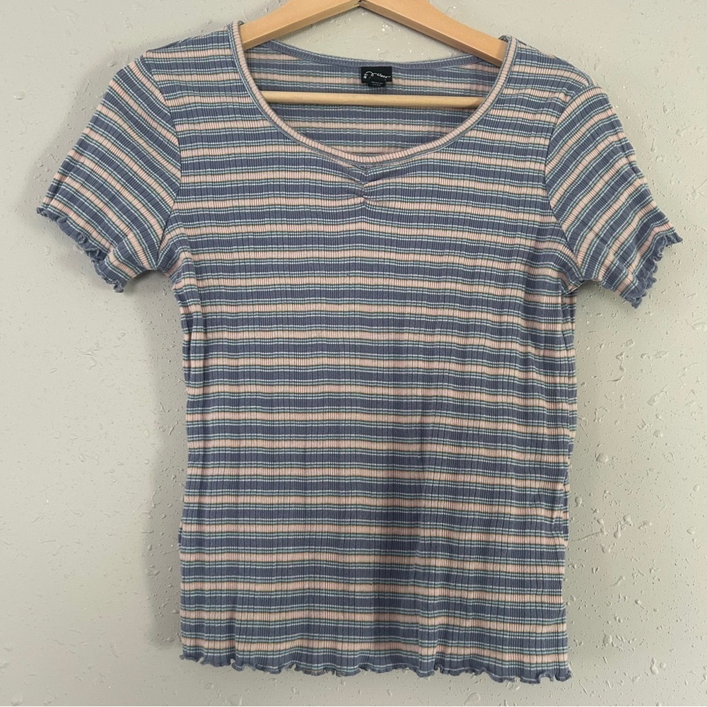 🦋 Art Class Blue Pink Striped Short Sleeve Baby Tee Stretch Comfy Pastel Large